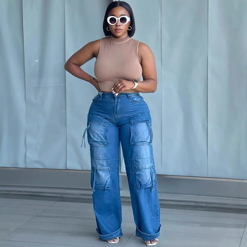European and american style high-waisted jeans -  cross-border women's fashion trendy multi-pocket straight-leg cargo casual pants