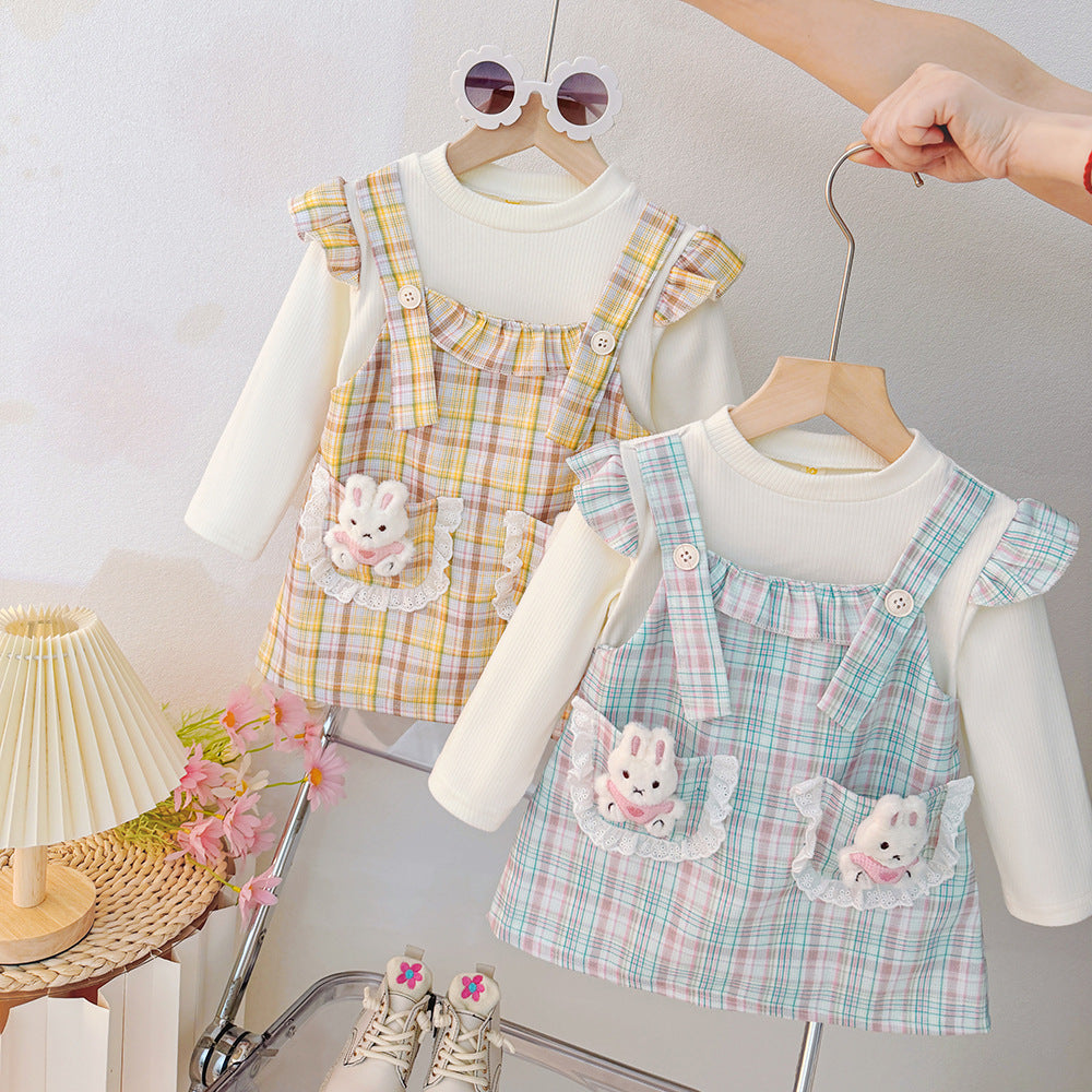 Girls' dress  autumn collection: adorable baby girl dress with cartoon bunny and plaid patchwork, long sleeve