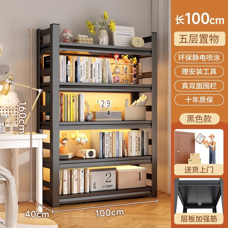 Multi-tier floor storage rack, steel bookshelf for home, living room, bedroom, kids' picture book organizer, simple iron art bookcase