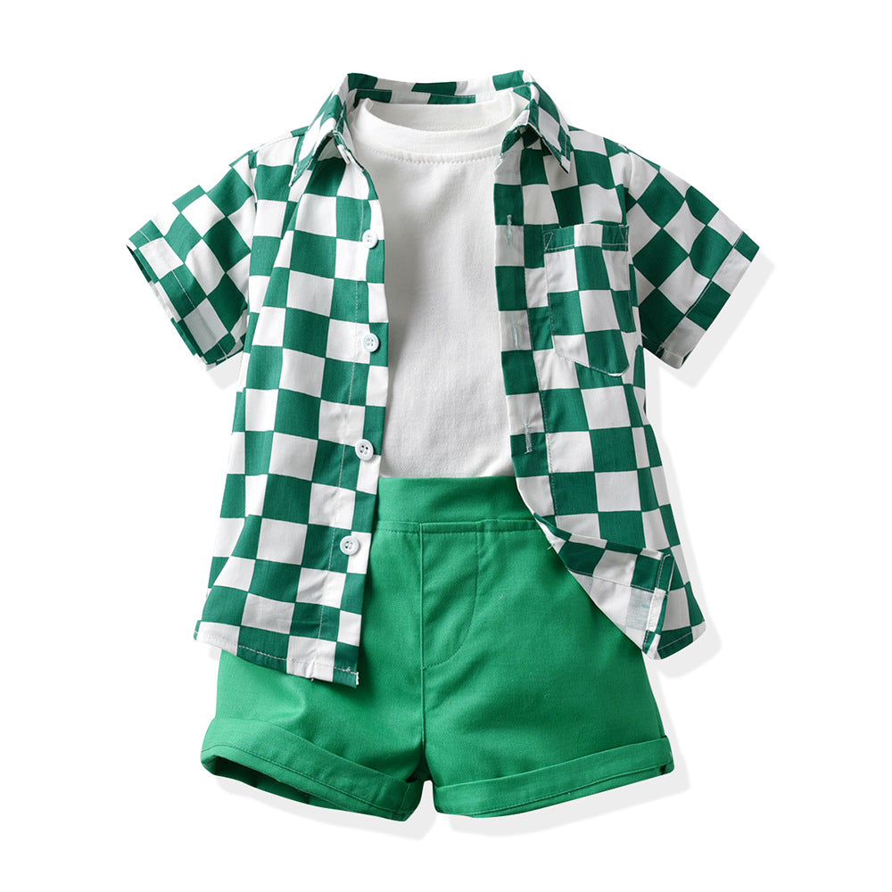 Korean style children's clothing wholesale: spring/summer kids' apparel - boys' checkered shirt & t-shirt short sleeve shorts set