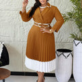 D3352 cross-border supply  autumn and winter european and american women's clothing pure color long sleeves color matching pleated a-line skirt foreign trade dress