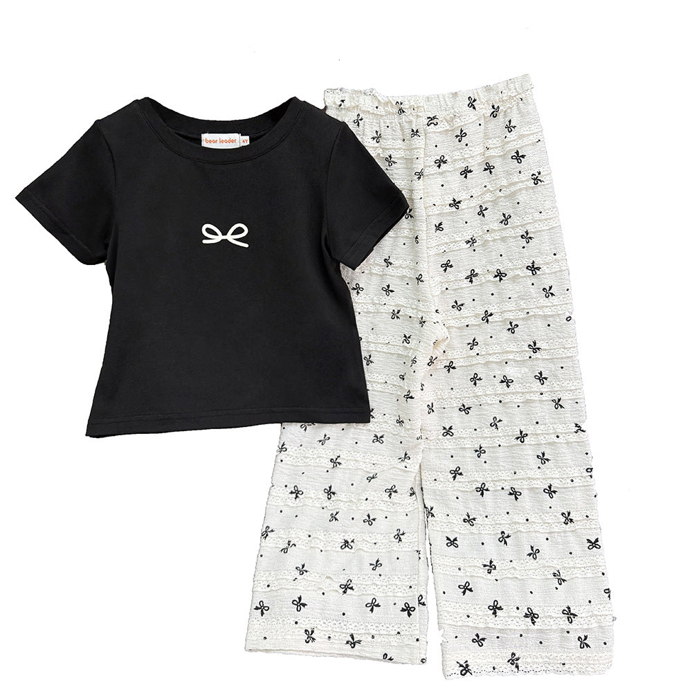 Girls' short-sleeve outfit:  summer new arrival - stylish korean style bow top and wide-leg pants set for kids