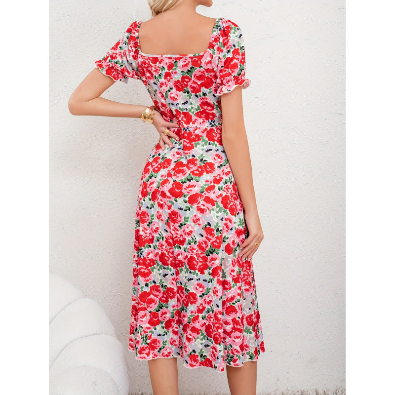 Aliexpress new arrival: women's elegant floral print vacation dress with square neck