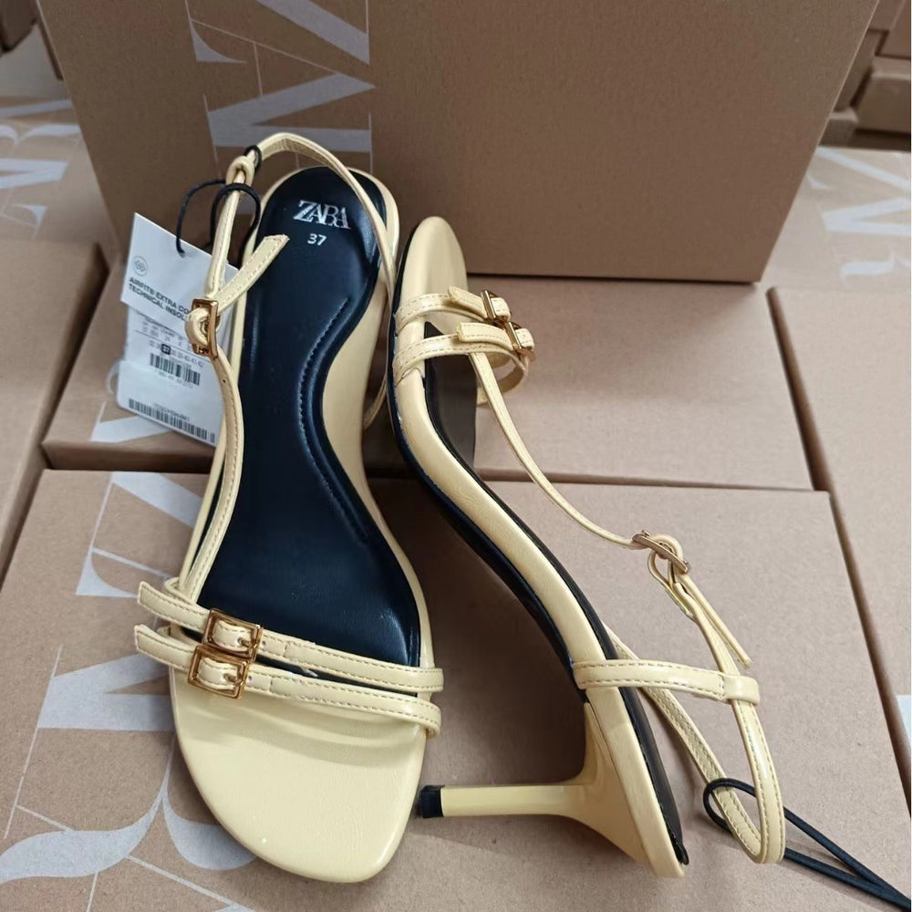 Za women's shoes: 2024 summer new arrivals - stylish and elegant yellow buckle open-toe stiletto heel sandals for women