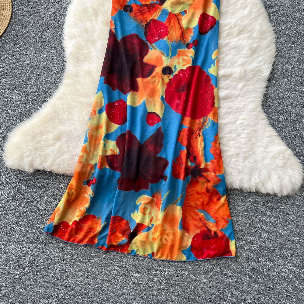 French-inspired, subtly sexy, open-back camisole dress with ruched waist, figure-flattering silhouette, and printed design – perfect for a vacation getaway