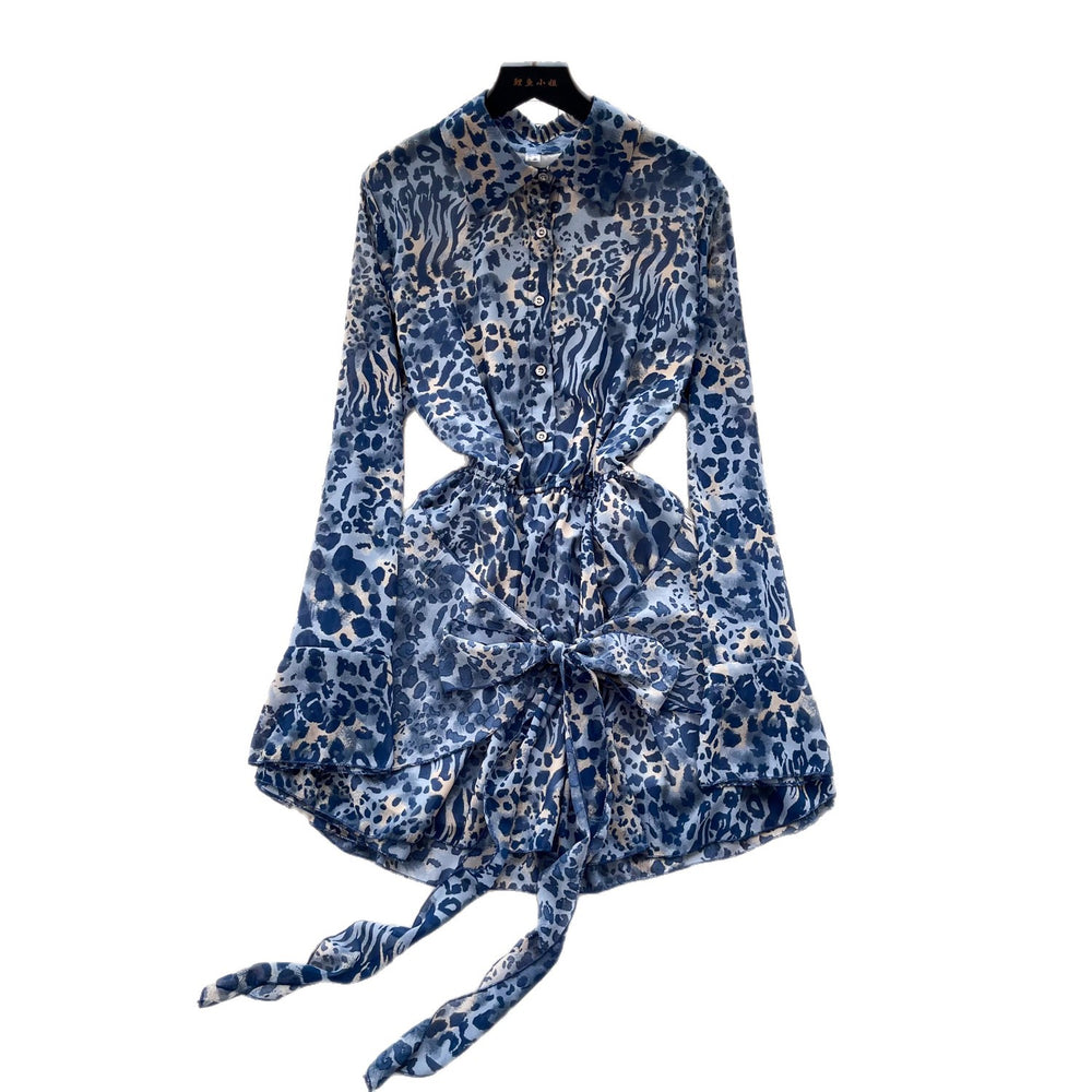 Korean style purple leopard print slim-fit dress - women's summer long sleeve tie-waist a-line dress - commuter chic