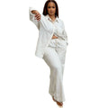 European and american cross-border women's fashion  autumn new casual turn-down collar long sleeve shirt top with tie-waist wide leg pants set