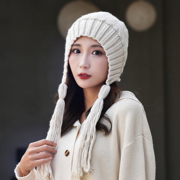 Knitted hat women's autumn and winter warm cute fashion outdoor wool hat Lei Feng hat sweet fringed bag head ear protection hat
