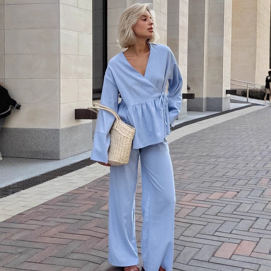 European and American elegant pure cotton v-neck lace-up cardigan top trousers two-piece set women's autumn loose fashion suit women's clothing