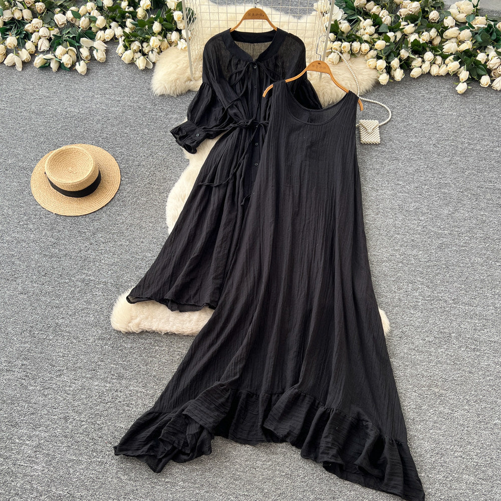 Vacation style yellow ruffles pleated two-piece set female spring autumslimming lookelegantwork clothingsuit skirt classy sense