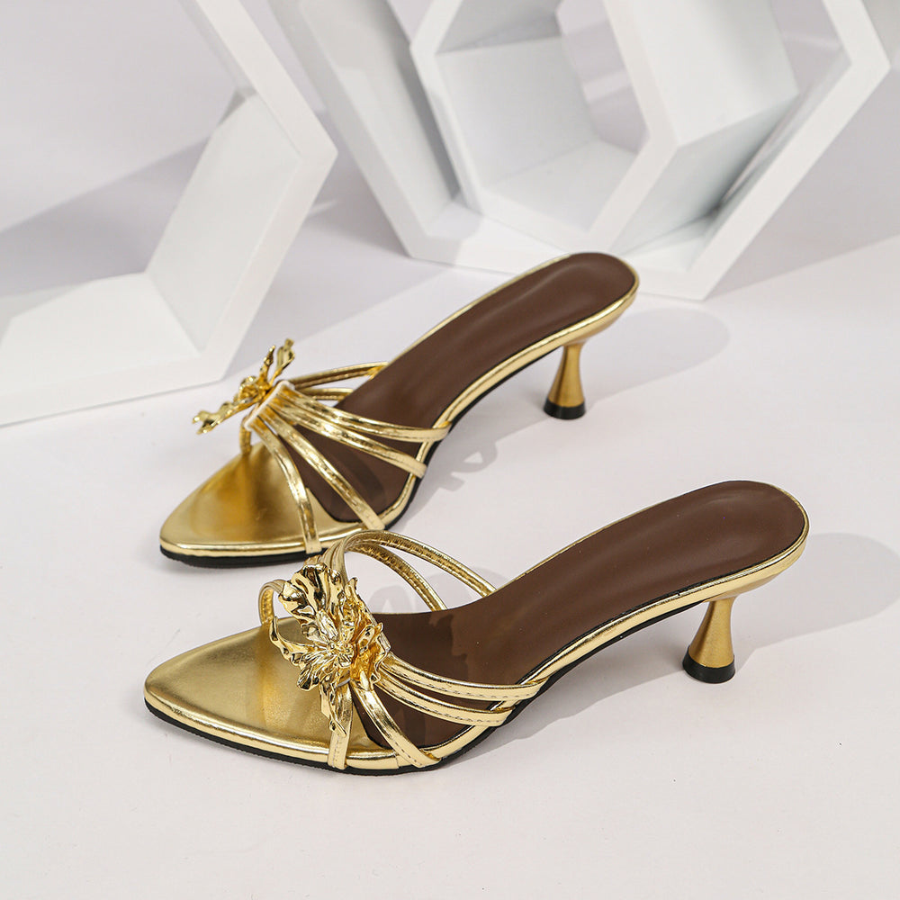 2026 new summer metallic floral french plus size fashion sandals - women's stiletto heel slippers for cross-border e-commerce