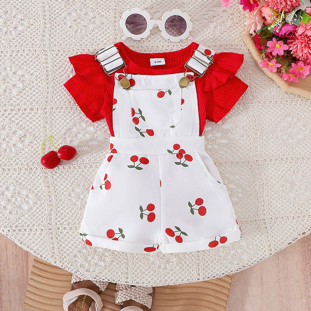 Amazon spring new girls' baby outfit set: solid color short-sleeve top with printed overalls two-piece set