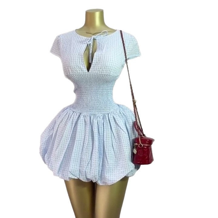 European and american cross-border women's summer  new collection: sweet and fresh round neck tie-waist hollow-out ruched tulip dress