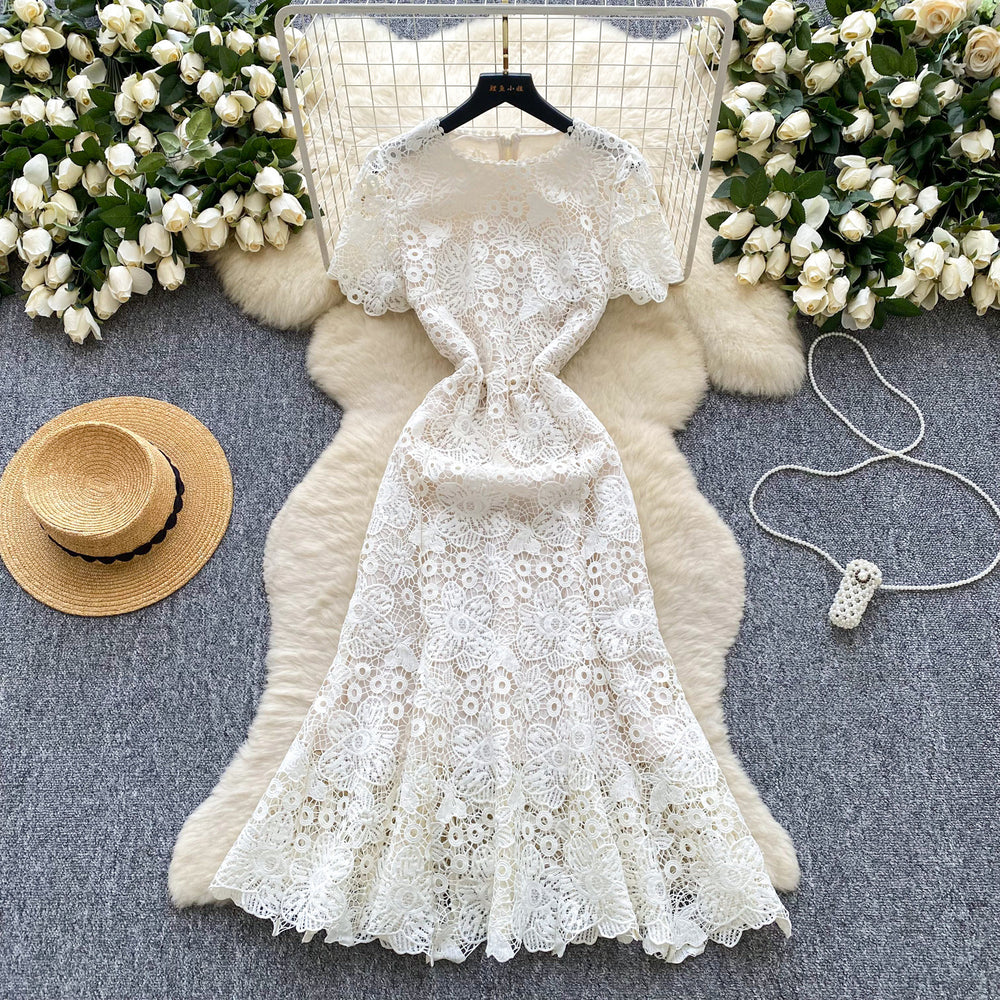 High-end elegant women's dress -  summer french chic, luxurious, heavily embellished, openwork crochet lace, slim-fit mermaid maxi dress