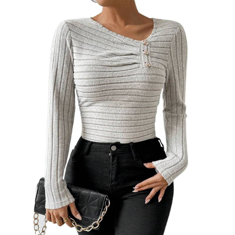 women's asymmetrical neck ruched knit cropped top - long sleeve button detail slim fit casual blouse