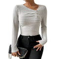 women's asymmetrical neck ruched knit cropped top - long sleeve button detail slim fit casual blouse