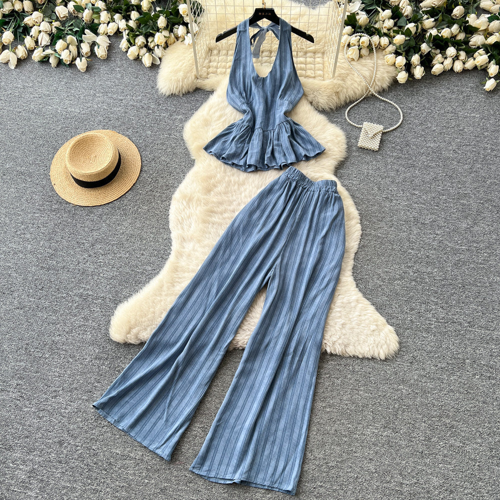 Vacation style halter strap vest high waistloose pantstwo-piece set women's summer silm style atmosphere fashionsuit