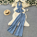 Vacation style halter strap vest high waistloose pantstwo-piece set women's summer silm style atmosphere fashionsuit