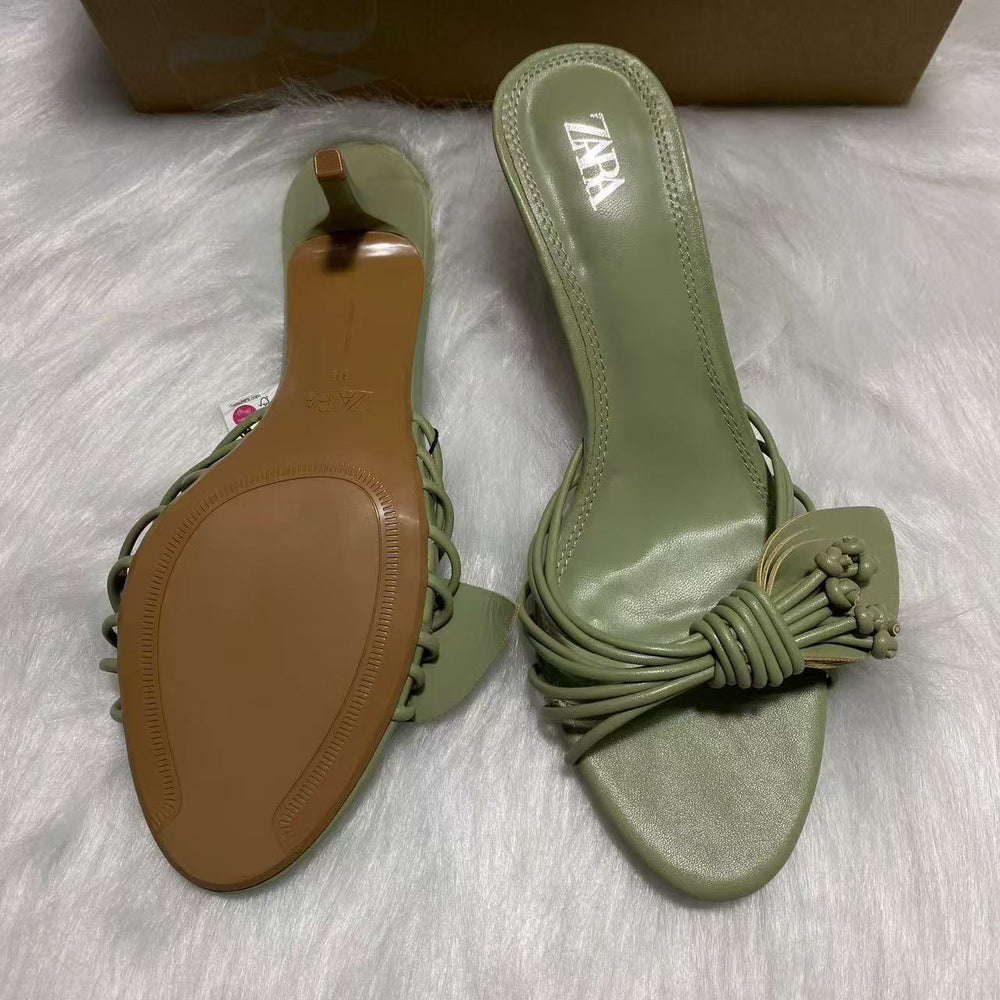 Za's 2025 new women's shoes: green petal low-heel elegant socialite pumps, closed-toe, low-cut, back-strap flats