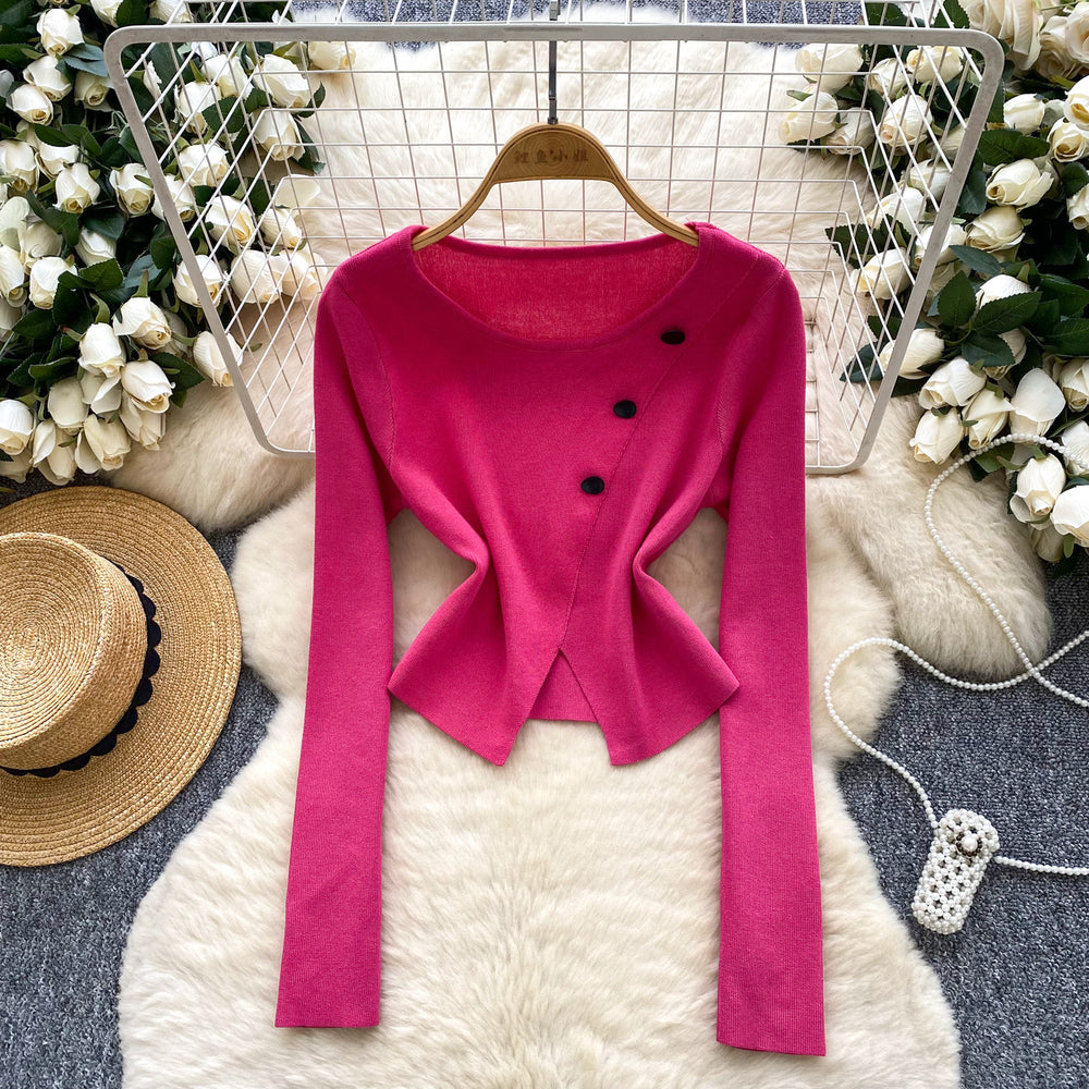 Long sleevesknitting shirt for women autumnew arrivalsense of designniche style slit button round neck long sleevesilm bottom shirt