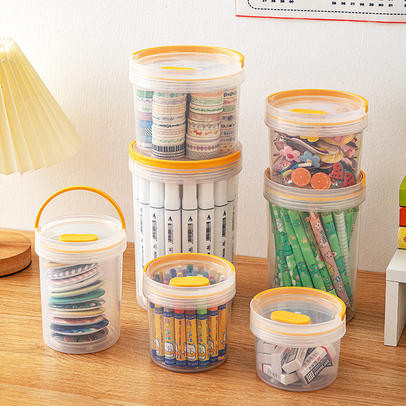 Desktop round handheld pen holder storage box with lid transparent plastic multi-functional desk sundries stationery storage box