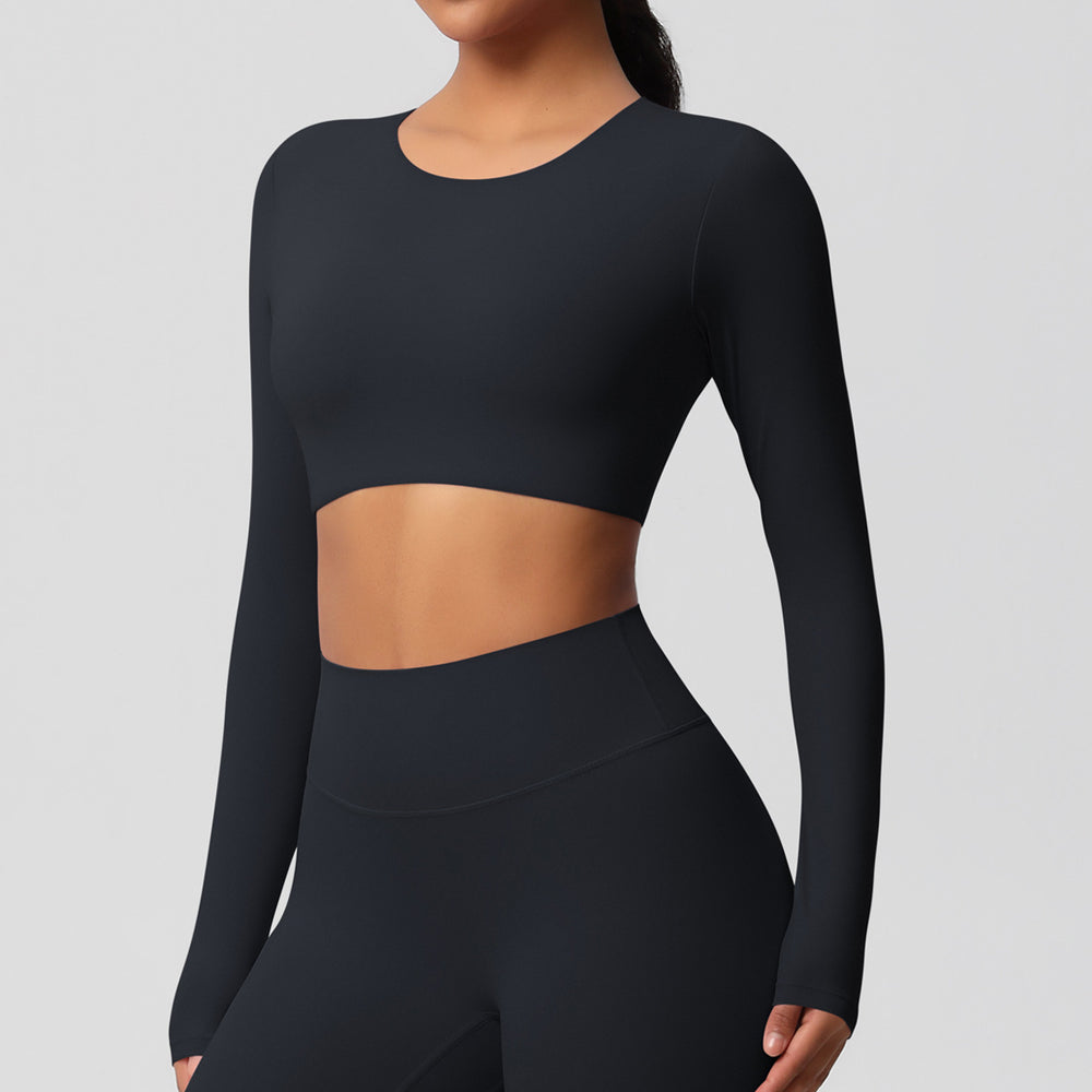 Ready-to-ship, cross-border, double-sided brushed, long-sleeved yoga top with built-in bra pads, suitable for pilates, running, and other workouts. women's
