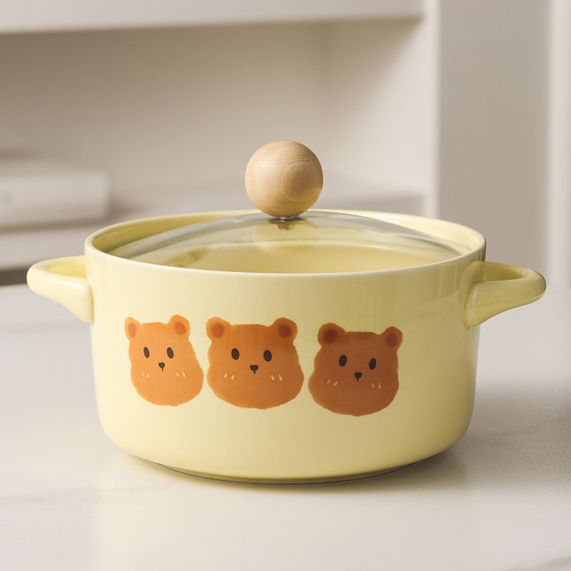 Ins cream yellow bear instant noodle bowl with lid dormitory student instant noodle bowl salad bowl double ear soup bowl tableware