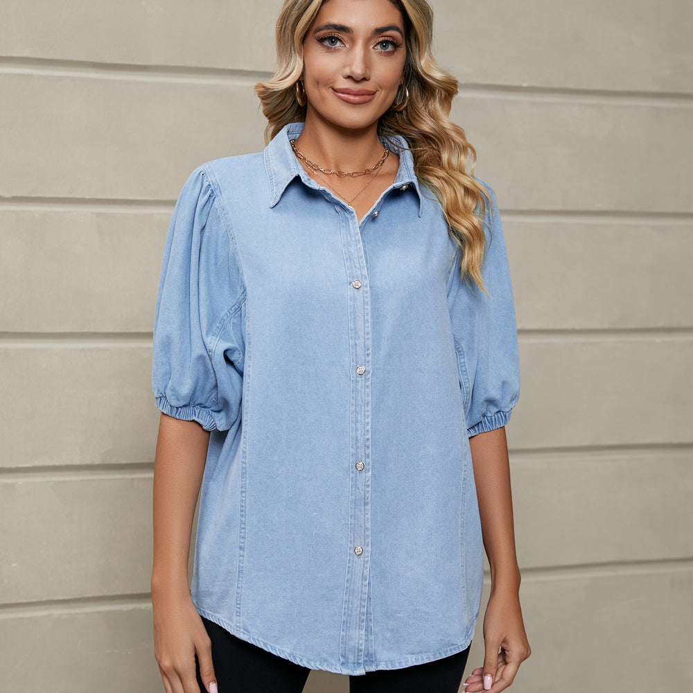 european and american women's apparel cross-border trade: new elasticated princess sleeve denim shirt casual top for  and