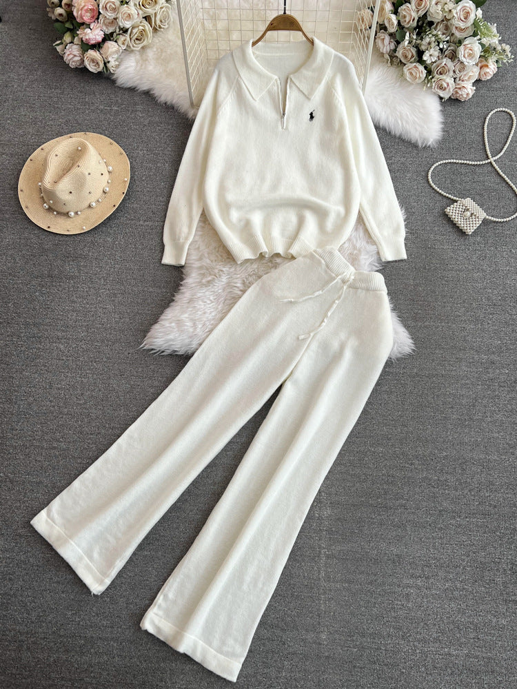 Fashionsuitfemalek-stylelong sleeves lapel looseknitting shirt sweatertwo-piece setcasualhigh waiststraight-legloose pants