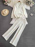 Fashionsuitfemalek-stylelong sleeves lapel looseknitting shirt sweatertwo-piece setcasualhigh waiststraight-legloose pants