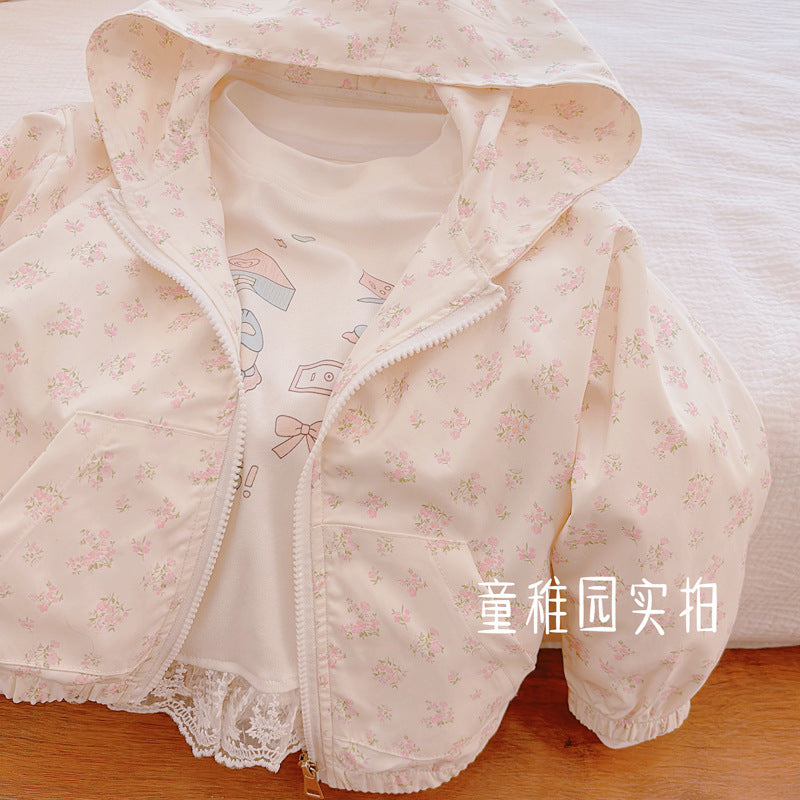 spring/autumn girls' zip-up jacket - white floral hooded outerwear - trendy and stylish baby girl's coat - cute