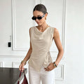 french swing collar sleeveless vest women's side drawstring waist asymmetrical hem elegantwork clothing gentle style tops