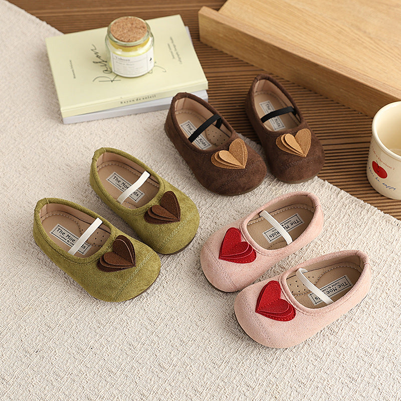 Vancahao korean children's shoes  spring and autumn new girls' suede heart princess shoes soft sole mary jane flats