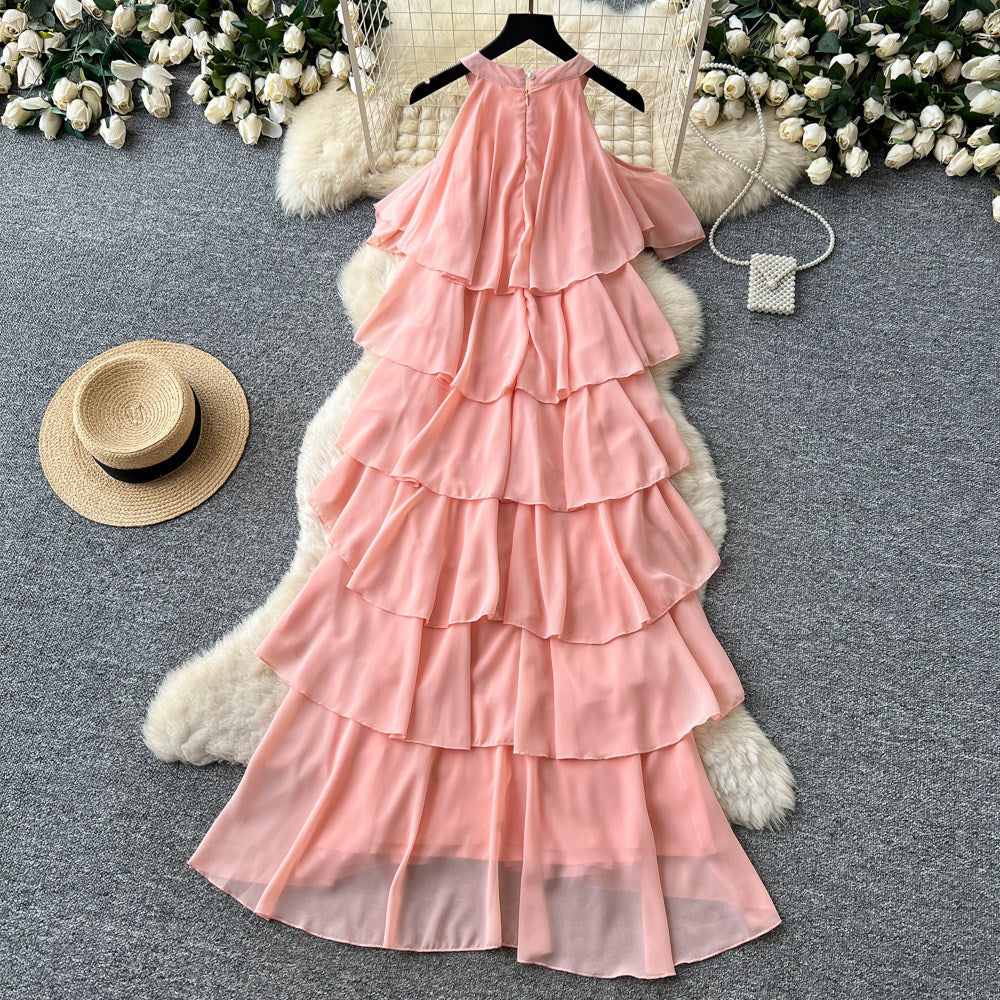 French sleeveless off-the-shoulder halter neck sexy dress - women's summer tiered ruffle cake dress - vacation style slimming maxi dress