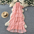 French sleeveless off-the-shoulder halter neck sexy dress - women's summer tiered ruffle cake dress - vacation style slimming maxi dress