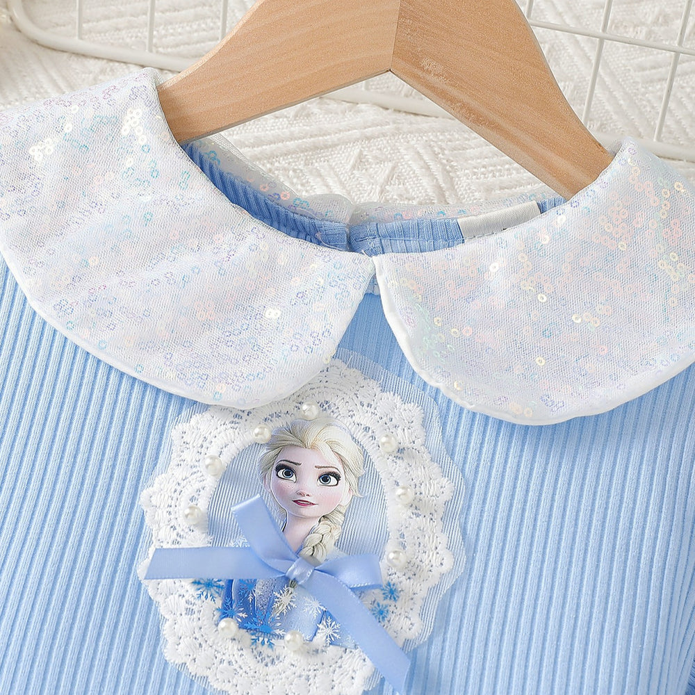 Girls' elsa princess sequin lapel short sleeve mesh dress summer kids ribbed frozen party dress