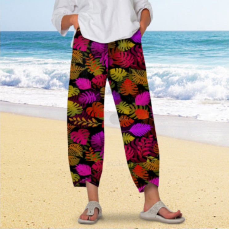 new  wide-leg pants: relaxed fit, cotton linen blend, printed, pocketed, elastic waist, cropped length - women's - in stock