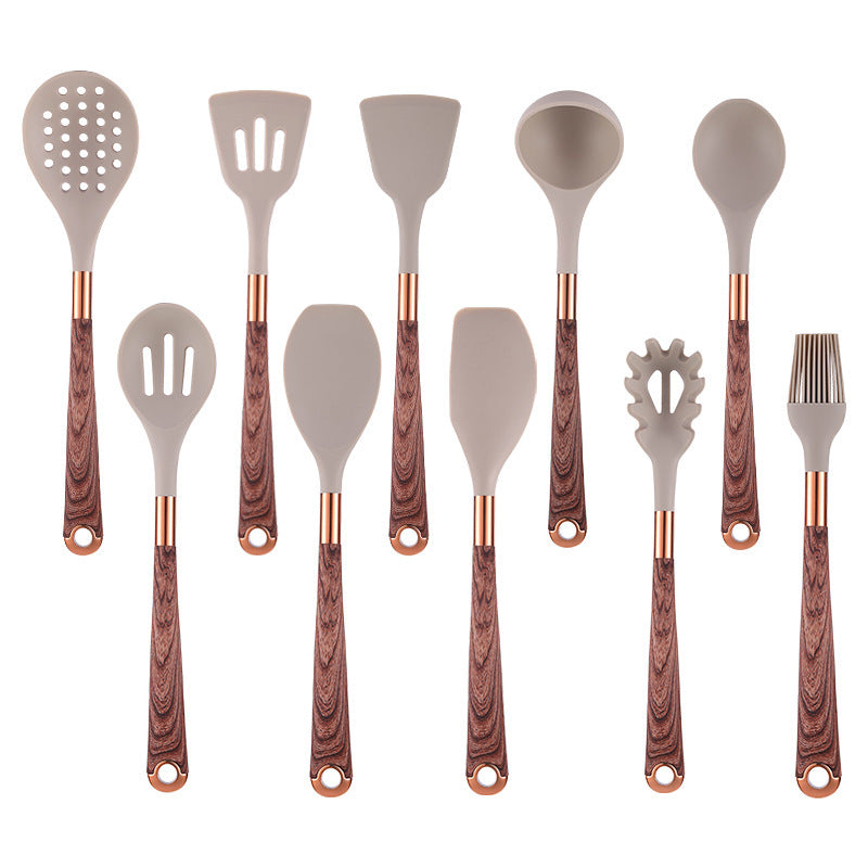 Cross-border spot wholesale wood grain silicone kitchenware set, shovel leak shovel spoon non-stick pan baking barbecue cooking