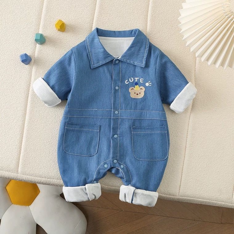 K-style khaki men's and women's baby denim baby jumpsuit rompers, long sleeves, spring & fall, cute clothes, trendy