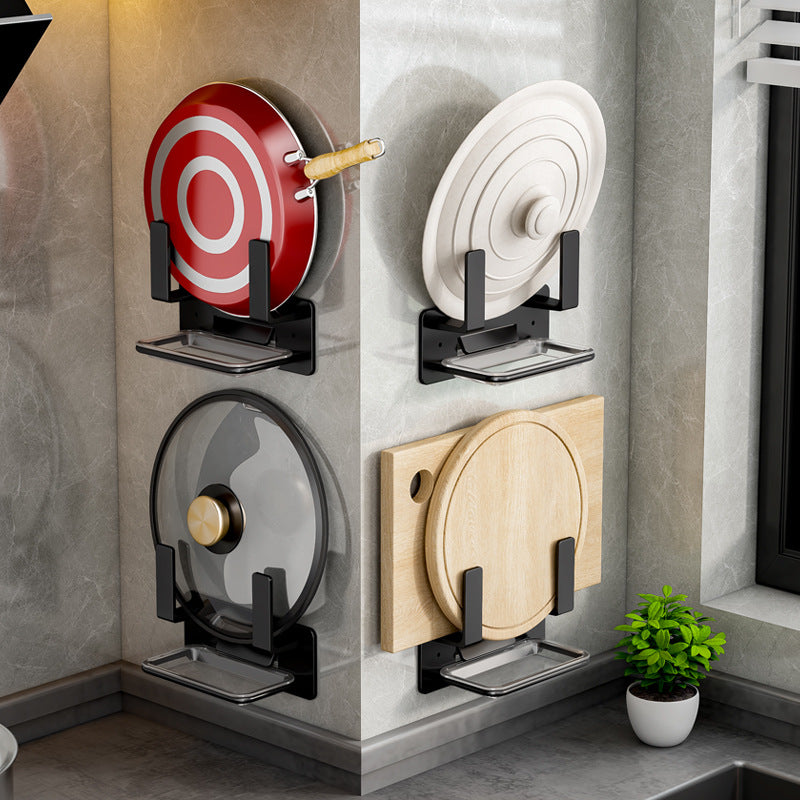 Pot lid rack with drain tray, no punching in kitchen, wall-mounted black cutting board, chopping board, cutting board storage rack