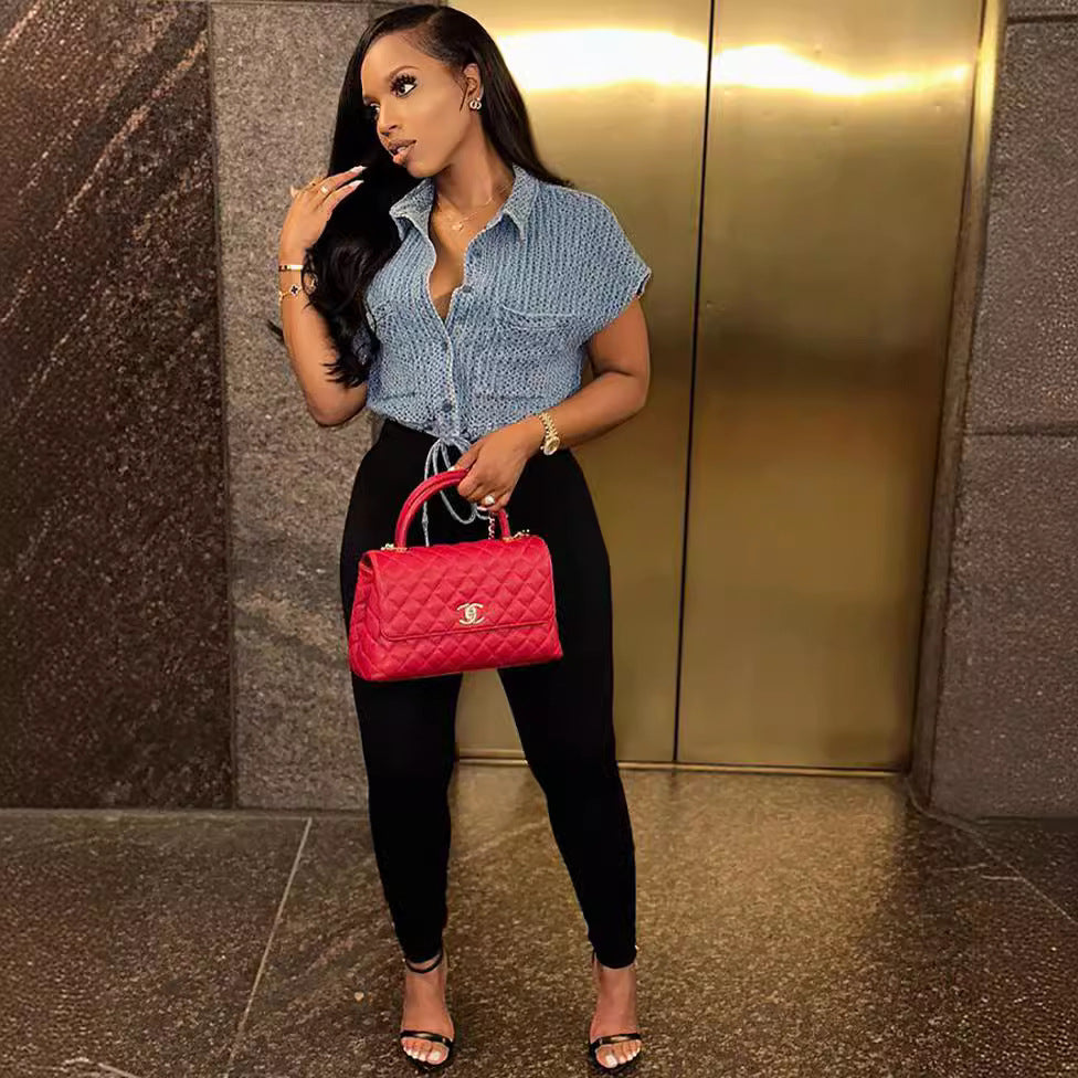 European and american style women's casual vest top,  foreign trade women's fashion loose drawstring turn-down collar denim jacket