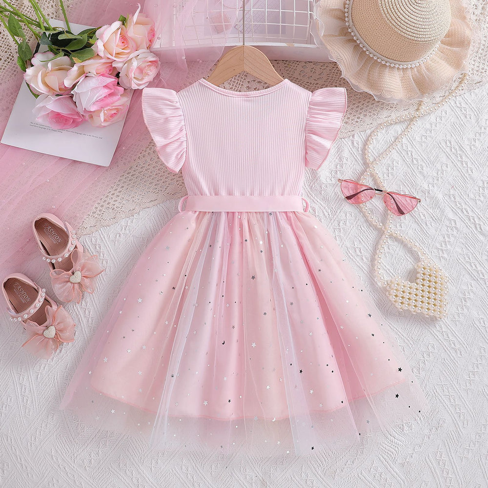 Exportgirldresssummer style flying sleeve mesh princess dress kids mesh skirt autumn birthday dress