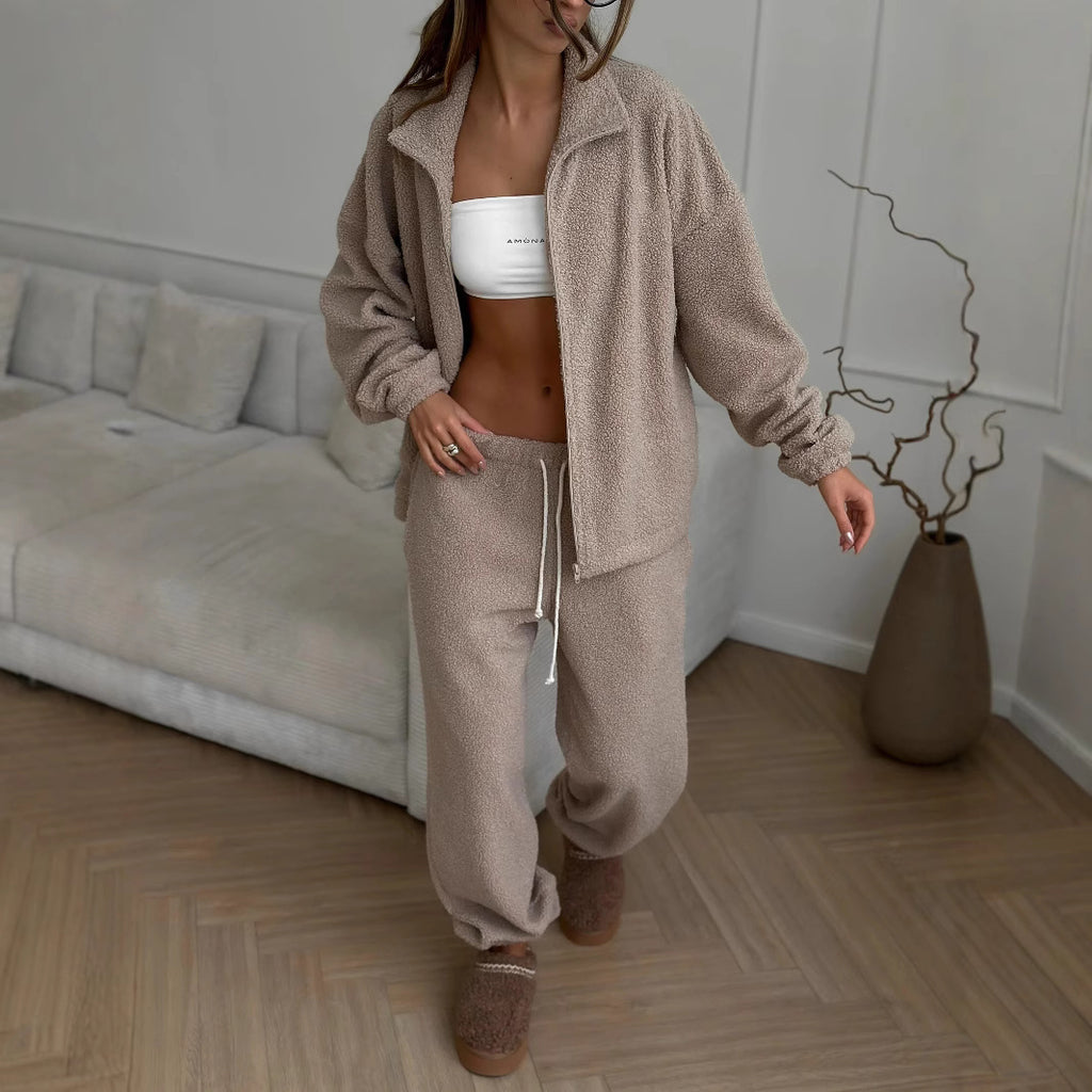 Cross-border sweater cardigan set women's Europe, America 2025 autumn and winter new sports and leisure fleece cardigan sweater set