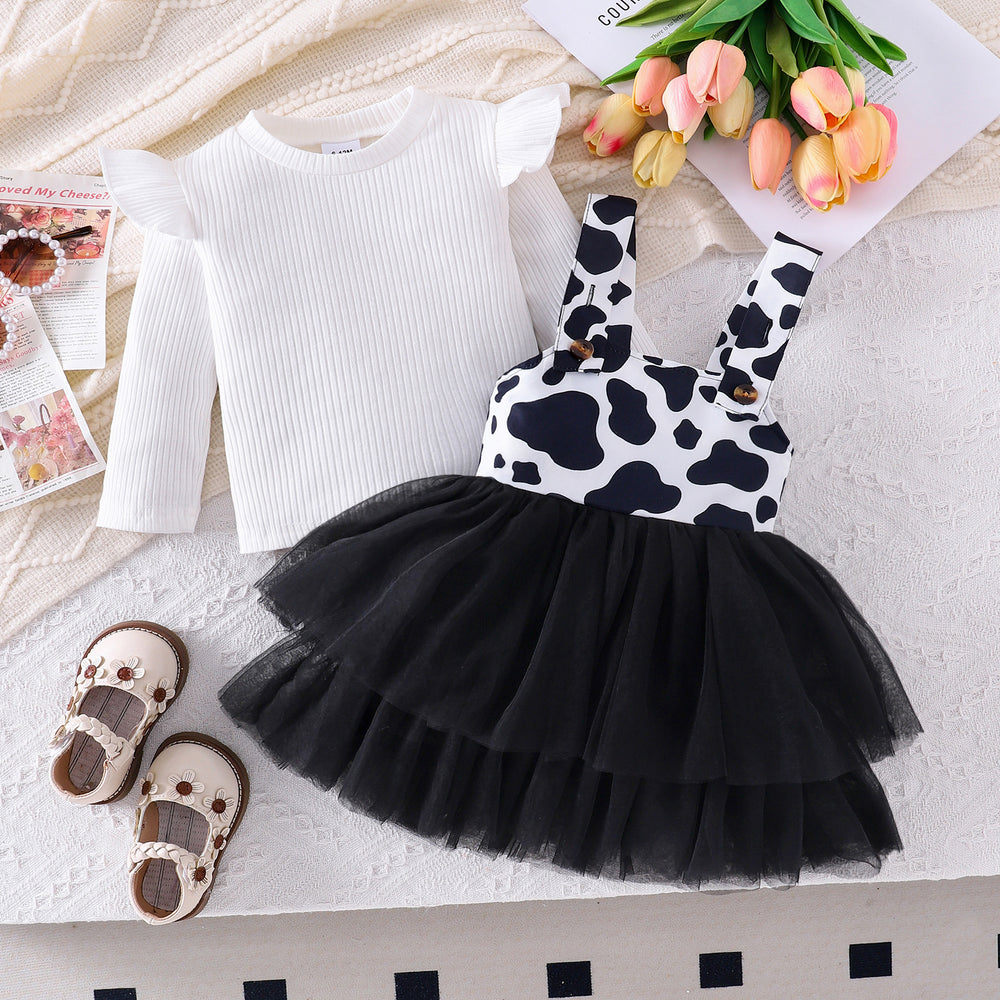 european and american style autumn/winter new collection: girls' plaid long-sleeve top and cow print suspender mesh skirt set (sizes for toddlers and young children)