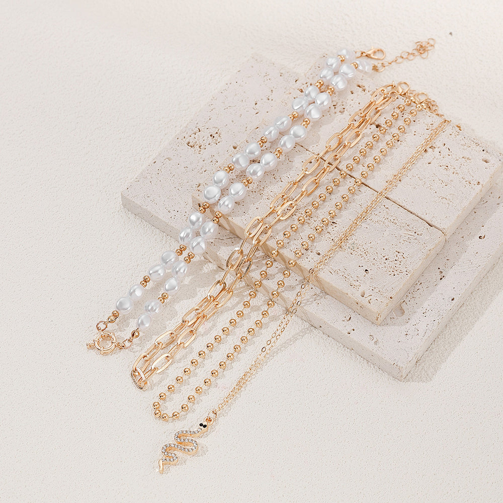 bohemia imitation pearl beaded necklace niche styleaccessible luxury diamond-encrusted snake pendant multi-layered necklace for women
