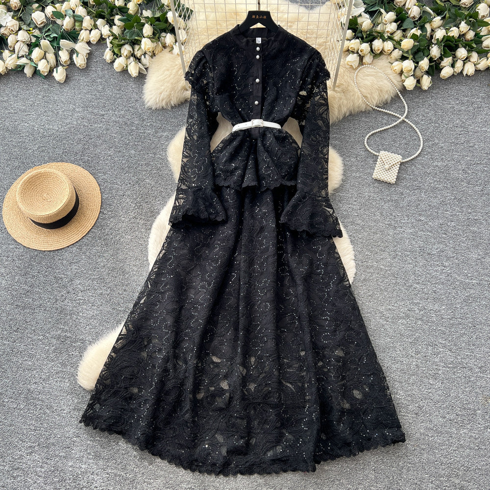 Light mature style classyelegancelacelong sleevesdressfemalefrenchheavy industry crochet waist silmlong skirt dress