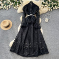 Light mature style classyelegancelacelong sleevesdressfemalefrenchheavy industry crochet waist silmlong skirt dress