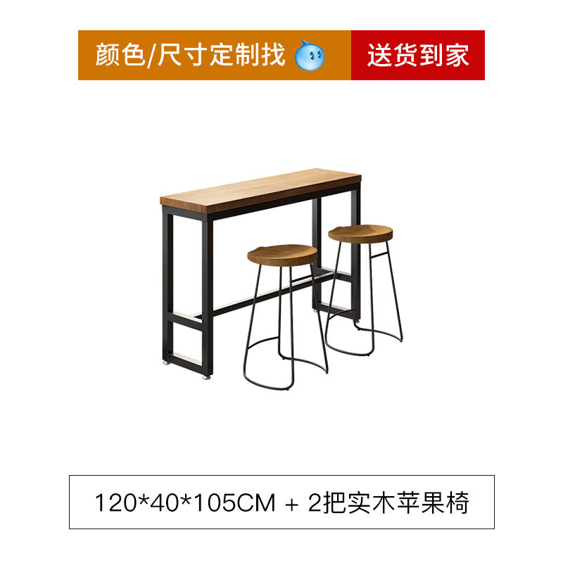 Bar table and chair combination Industrial style wrought iron solid wood bar High foot milk tea shop Cake shop Narrow table against the wall
