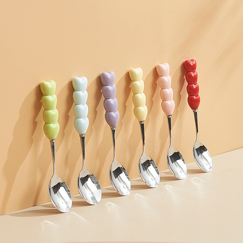 Heart-shaped ceramic stainless steel fork and spoon set - high-temperature underglaze decoration - wedding & celebration dinnerware - wholesale