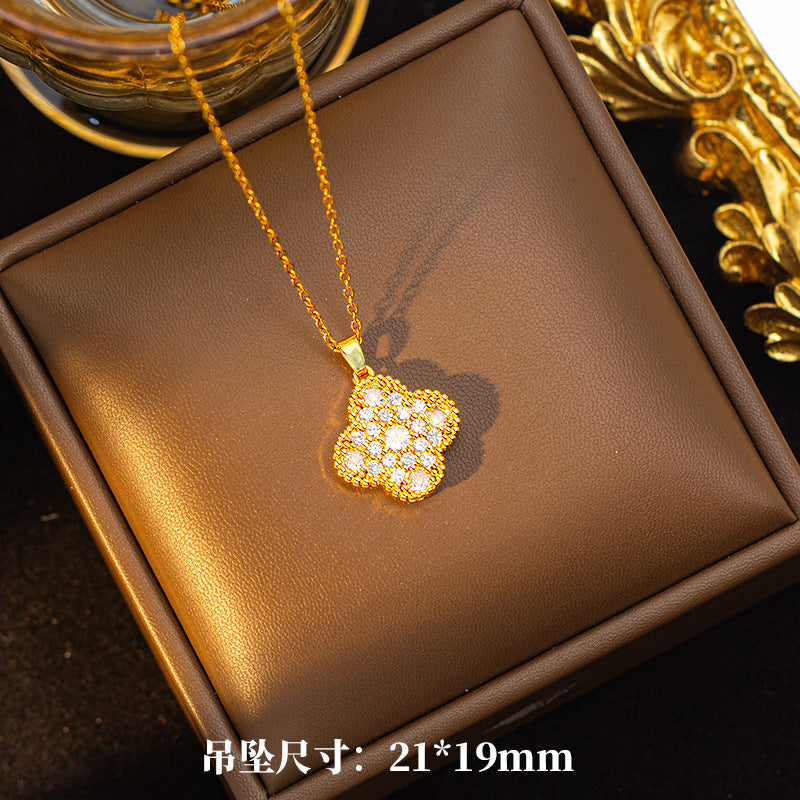 Copper inlaid zirconium four-leaf clover necklace for women, titanium steel real gold plating popularinsfashion flower exquisite sweater chain jewelry
